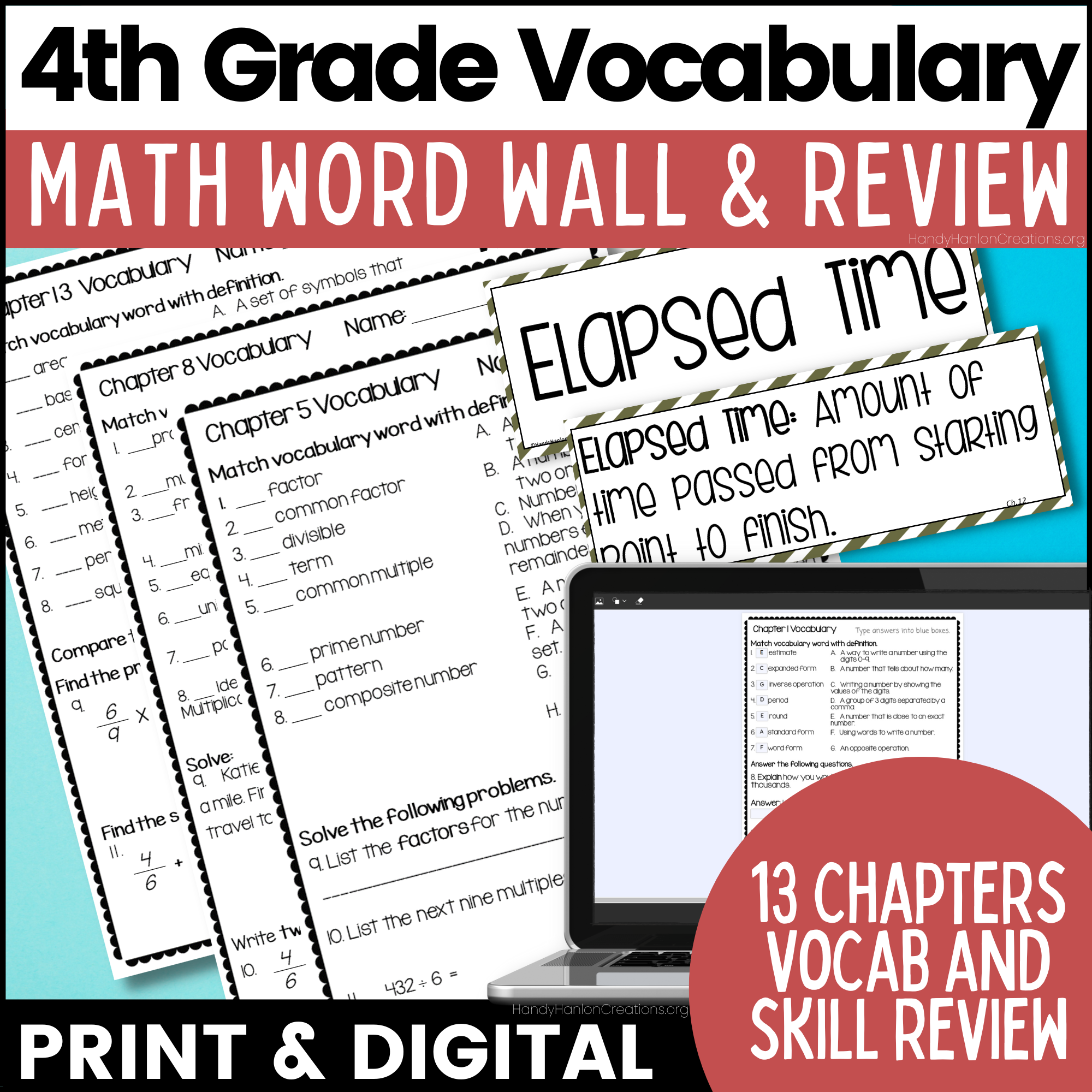 Help your students learn upper elementary math vocabulary by posting visual aids on a math focus wall. Cards have math vocabulary words with definition and some examples. Math Vocabulary Worksheets helps review 4th grade math vocabulary with matching and skill application. This works well in math centers, small groups, or as an assessment of learning.